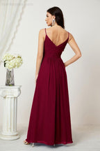Numbersea Chiffon V-Neck Bridesmaid Dress Spaghetti Strap Long Formal Party Prom Gowns with Slit 28010
