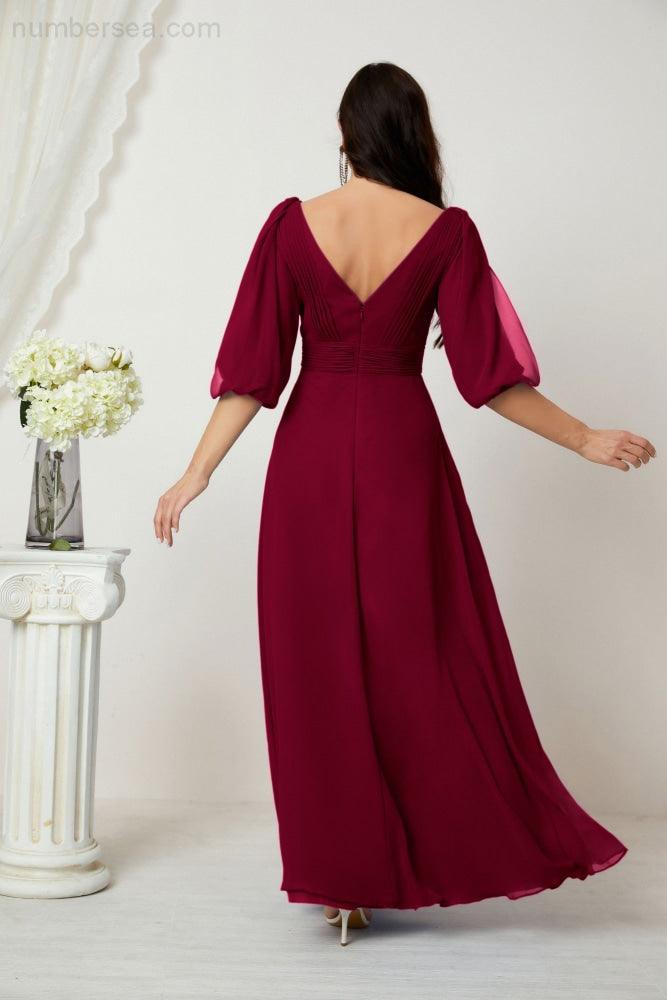 Numbersea  Formal Prom Gown Women V-Neck Chiffon Bridesmaid Dresses Long Bishop Sleeve Party Dress 2807