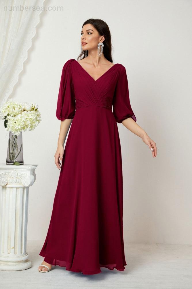 Numbersea  Formal Prom Gown Women V-Neck Chiffon Bridesmaid Dresses Long Bishop Sleeve Party Dress 2807