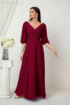 Numbersea  Formal Prom Gown Women V-Neck Chiffon Bridesmaid Dresses Long Bishop Sleeve Party Dress 2807