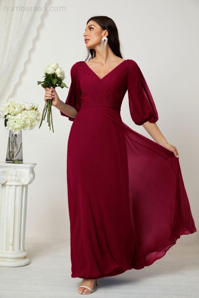 Numbersea  Formal Prom Gown Women V-Neck Chiffon Bridesmaid Dresses Long Bishop Sleeve Party Dress 2807