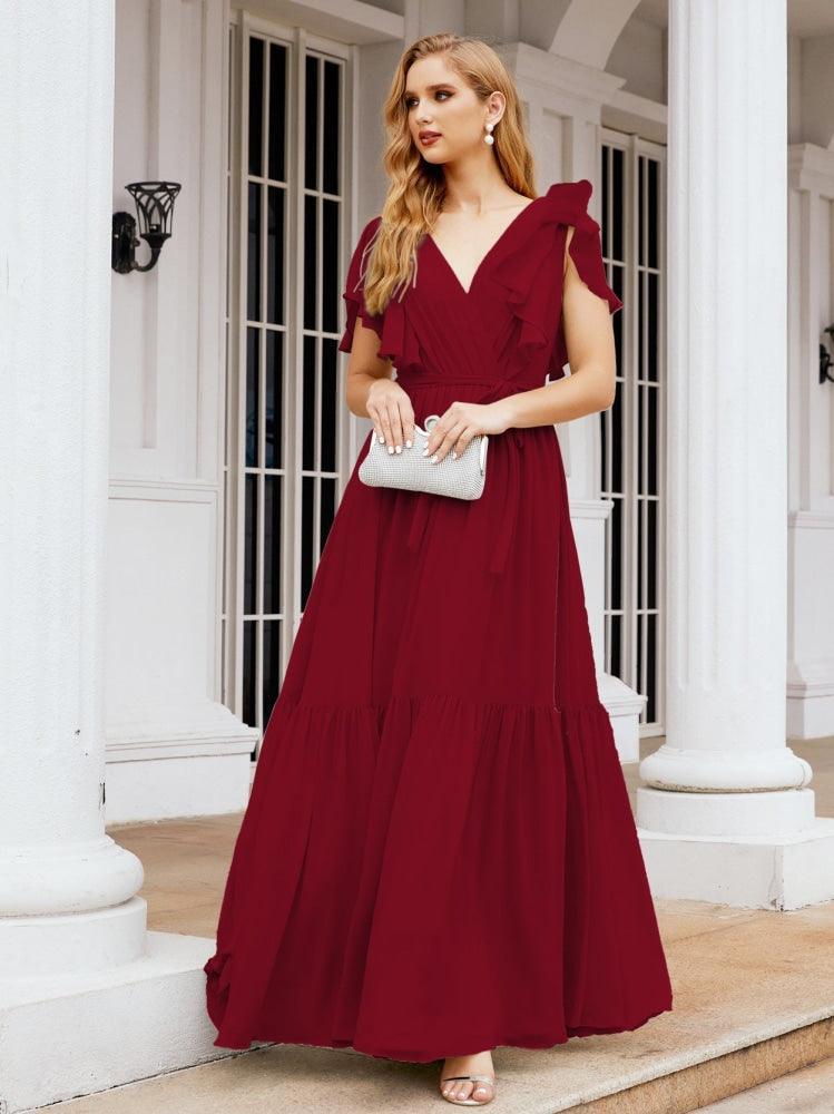 Numbersea Women's Open Back Formal Evening Party Prom Gowns V-Neck Long Chiffon Bridesmaid Dresses with Waist Belt 28038