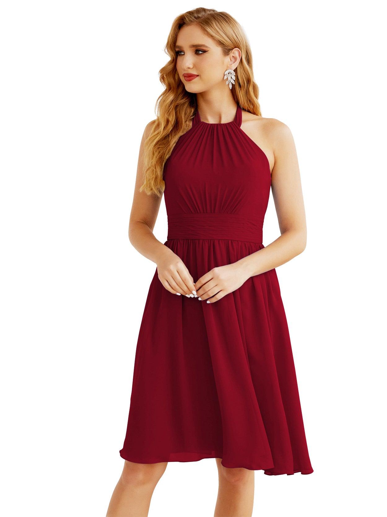 Numbersea Halter Chiffon Bridesmaid Dresses Short Sleeveless Formal Party Dress Open Back 28023