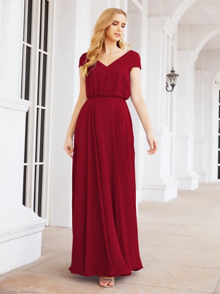 Numbersea V-Neck Bridesmaid Dresses Long Cap Sleeves Prom Evening Formal Gowns 28071
