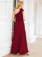 Numbersea Chiffon Ruffled One Shoulder Sleeveless Long Bride Dresses A-line Formal Evening Gown Side Split 28057