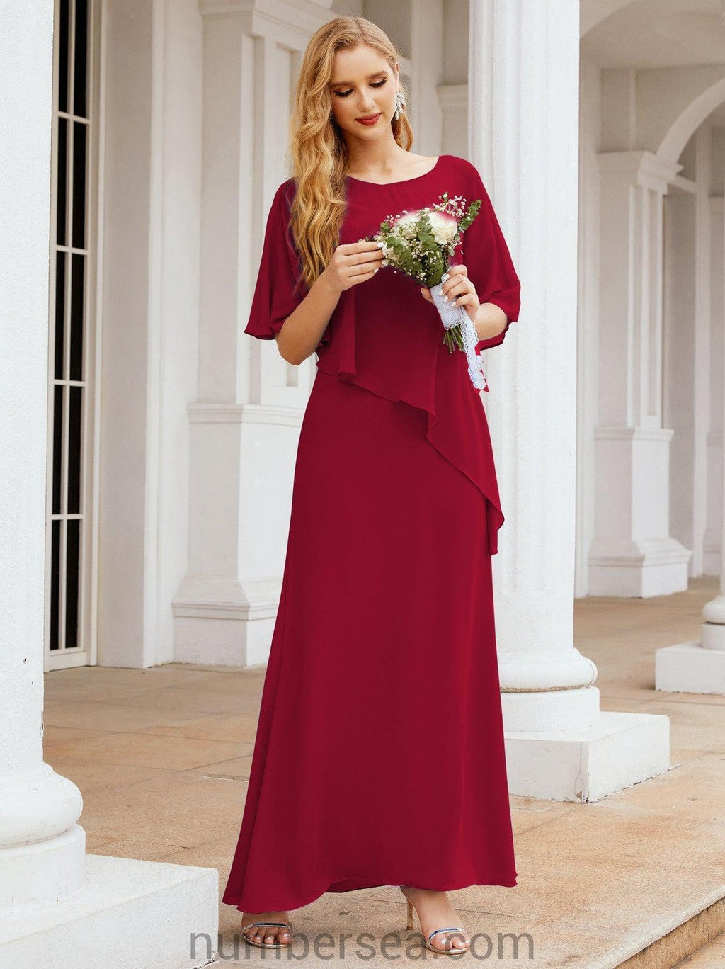 Numbersea Formal Party Gown Dress Long Mother of The Bride Dresses with Ruffle Cape 28026
