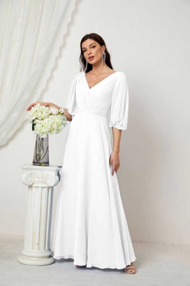 Numbersea  Formal Prom Gown Women V-Neck Chiffon Bridesmaid Dresses Long Bishop Sleeve Party Dress 2807
