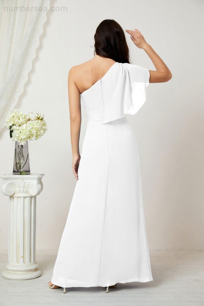 Numbersea  Chiffon Ruffled One Shoulder Long Bridesmaid Dresses A-line Formal Evening Gown Side Split 2809