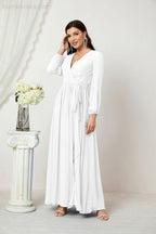 Numbersea Evening Dresses Deep V-Neck Chiffon Bridesmaid Dresses Long Bishop Sleeve Side Split Formal Dress 2806