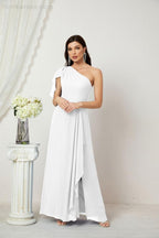 Numbersea  Chiffon Ruffled One Shoulder Long Bridesmaid Dresses A-line Formal Evening Gown Side Split 2809