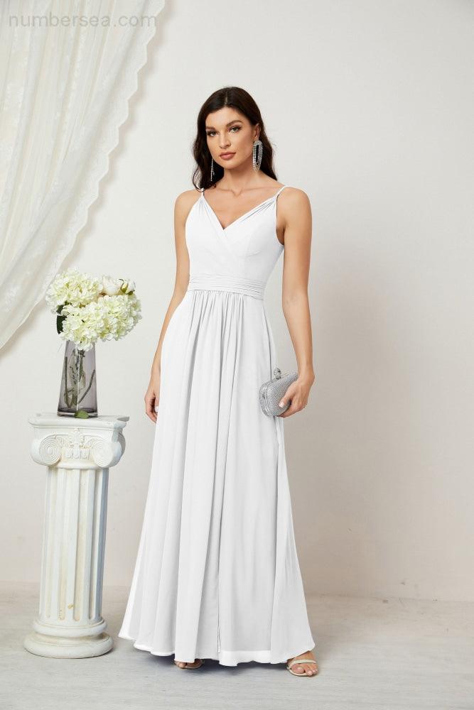 Numbersea Chiffon V-Neck Bridesmaid Dress Spaghetti Strap Long Formal Party Prom Gowns with Slit 28010