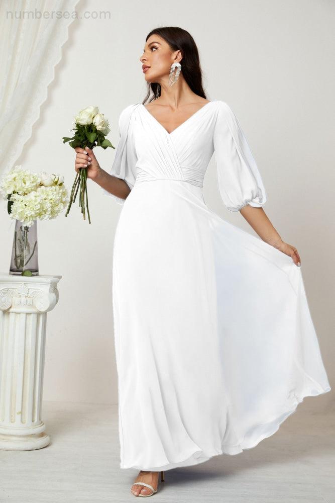 Numbersea  Formal Prom Gown Women V-Neck Chiffon Bridesmaid Dresses Long Bishop Sleeve Party Dress 2807