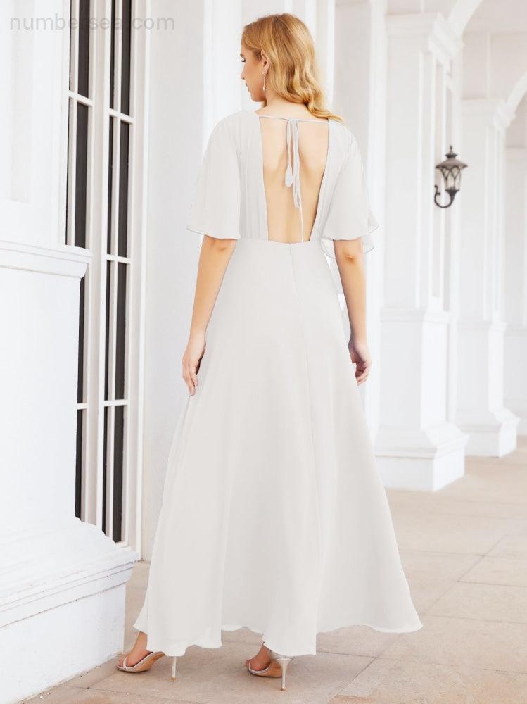 Numbersea V-Neck Bridesmaid Dress Chiffon Long Open Back Formal Dresses for Women Party Evening 28067