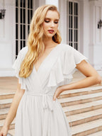 Numbersea Women's Open Back Formal Evening Party Prom Gowns V-Neck Long Chiffon Bridesmaid Dresses with Waist Belt 28038