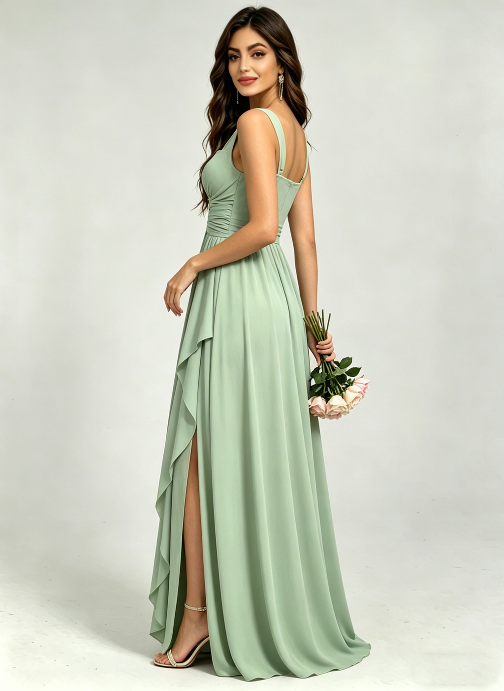 Square Neck Ruched Bridesmaid Dresses with Slit Spaghetti Strasps Ruffles  Formal Gown