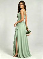 Square Neck Ruched Bridesmaid Dresses with Slit Spaghetti Strasps Ruffles  Formal Gown