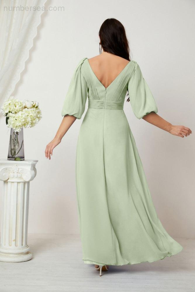 Numbersea  Formal Prom Gown Women V-Neck Chiffon Bridesmaid Dresses Long Bishop Sleeve Party Dress 2807