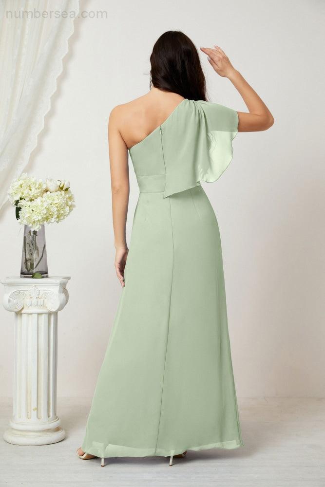 Numbersea  Chiffon Ruffled One Shoulder Long Bridesmaid Dresses A-line Formal Evening Gown Side Split 2809