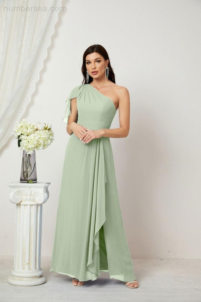 Numbersea  Chiffon Ruffled One Shoulder Long Bridesmaid Dresses A-line Formal Evening Gown Side Split 2809