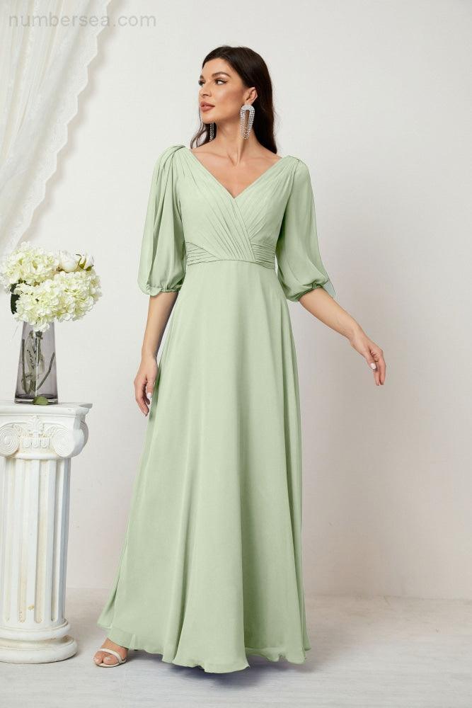 Numbersea  Formal Prom Gown Women V-Neck Chiffon Bridesmaid Dresses Long Bishop Sleeve Party Dress 2807