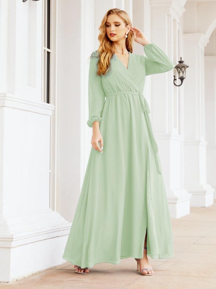 Numbersea Women's Chiffon Bridesmaid Dress A line Long Sleeves Formal Evening Prom Gown for Wedding Guest 28032