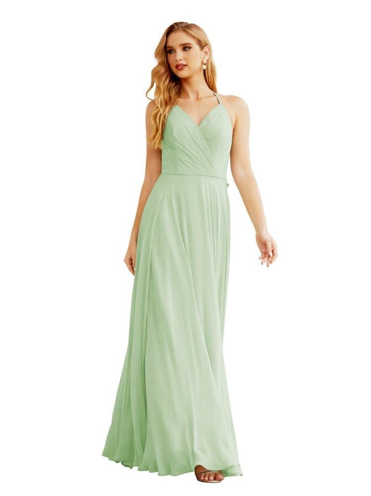 Women's Halter Chiffon Bridesmaid Dresses Wedding Apparel Long Sleeveless Formal Prom Dress with Ruffled Back SEA28035