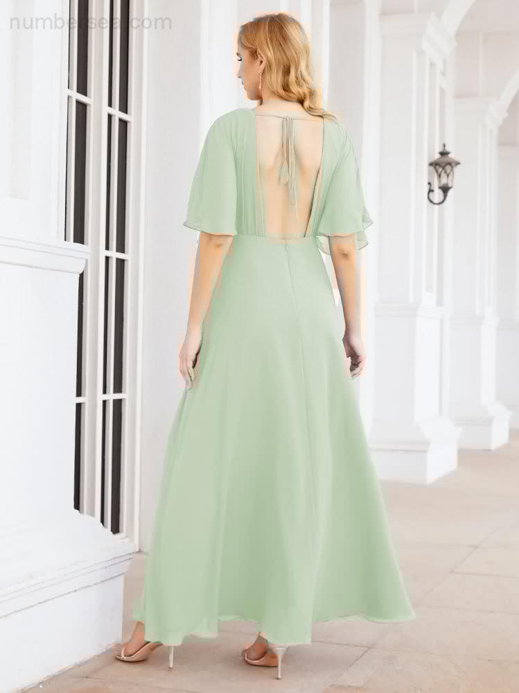 Numbersea V-Neck Bridesmaid Dress Chiffon Long Open Back Formal Dresses for Women Party Evening 28067