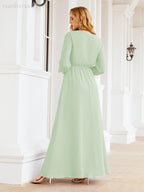 Numbersea Women's Chiffon Bridesmaid Dress A line Long Sleeves Formal Evening Prom Gown for Wedding Guest 28032