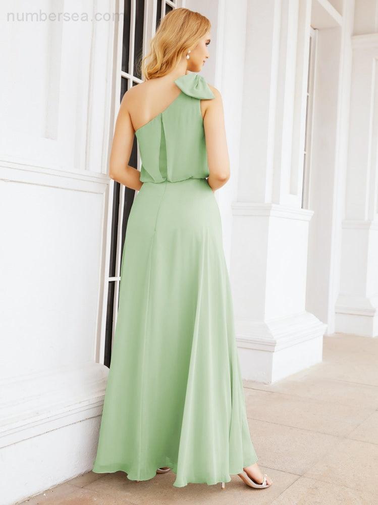 Numbersea Chiffon Ruffled One Shoulder Sleeveless Long Bride Dresses A-line Formal Evening Gown Side Split 28057