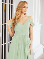 Numbersea Off The Shoulder Chiffon Bridesmaid Dress Long Formal Graduation Gown with Cowl Back 28069