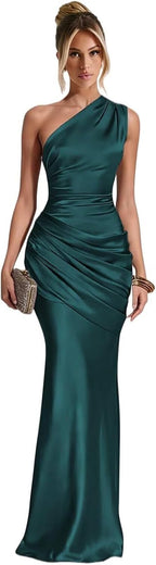 Peacock one shoulder satin mermaid dress main color view