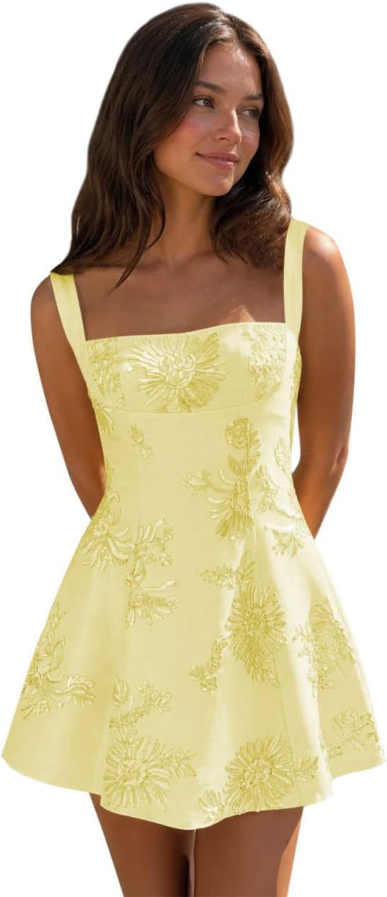 Yellow floral lace corset mini dress main color view