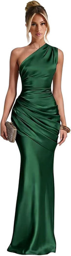 Emerald Green one shoulder satin mermaid dress main color view