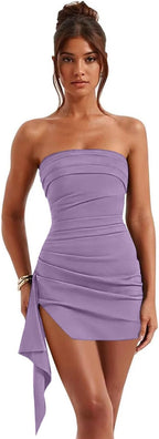 Lavender strapless ruched short homecoming dress front view
