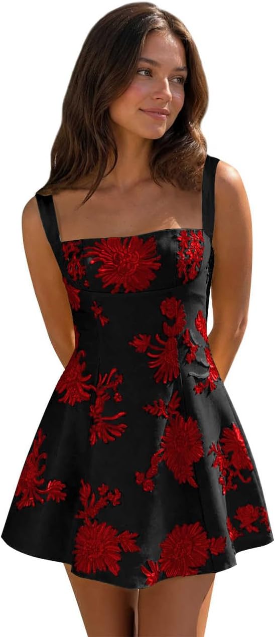 Black Red floral lace corset mini dress main color view