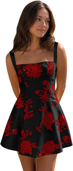Black Red floral lace corset mini dress main color view