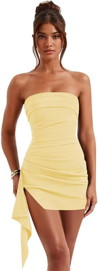 Light Yellow strapless ruched short homecoming dress front view