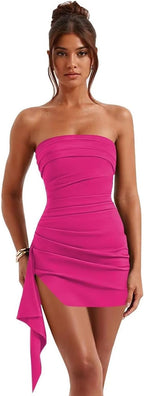 Hot Pink strapless ruched short homecoming dress front view