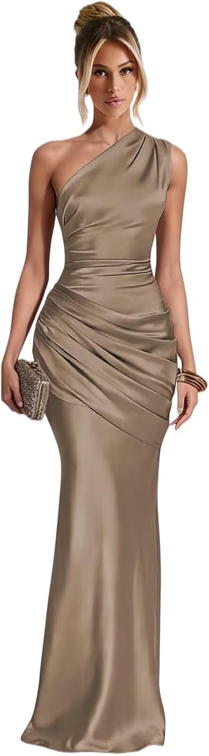Taupe one shoulder satin mermaid dress main color view