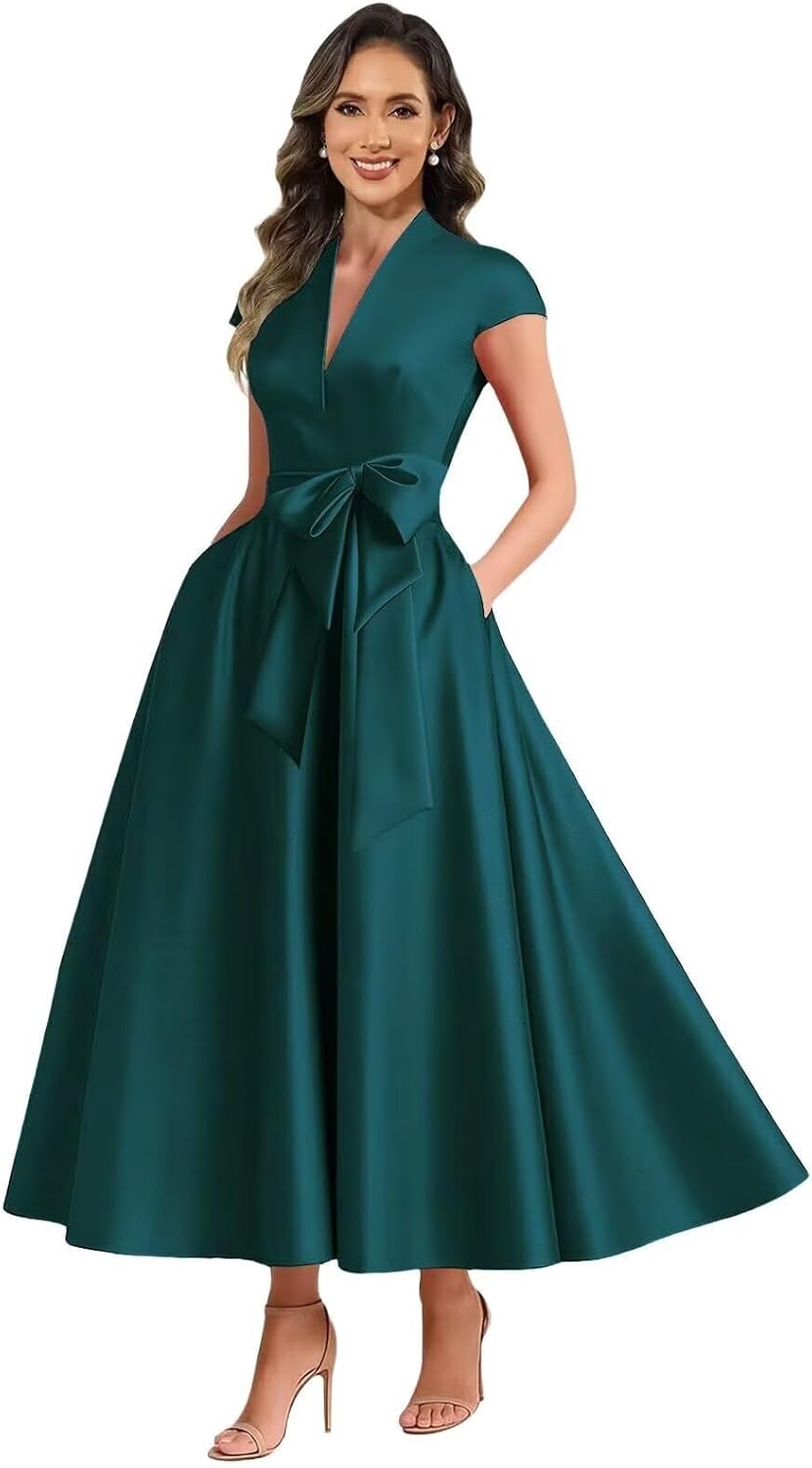 Teal satin mother of the bride dress main color view