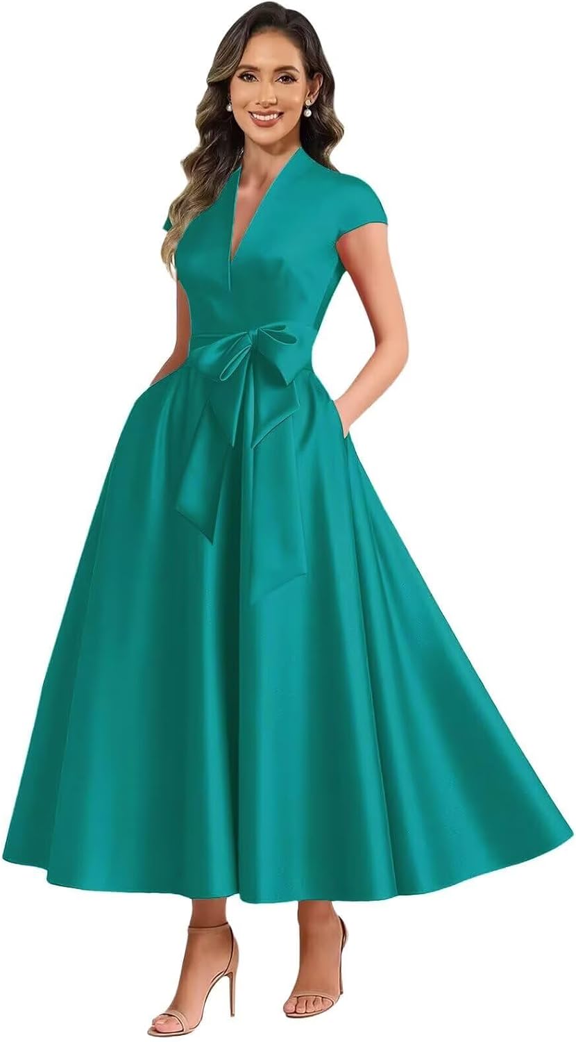 Turquoise satin mother of the bride dress main color view