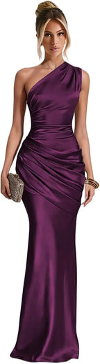 Plum one shoulder satin mermaid dress main color view