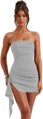 Silver strapless ruched short homecoming dress front view