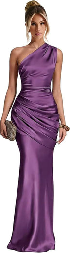 Purple one shoulder satin mermaid dress main color view