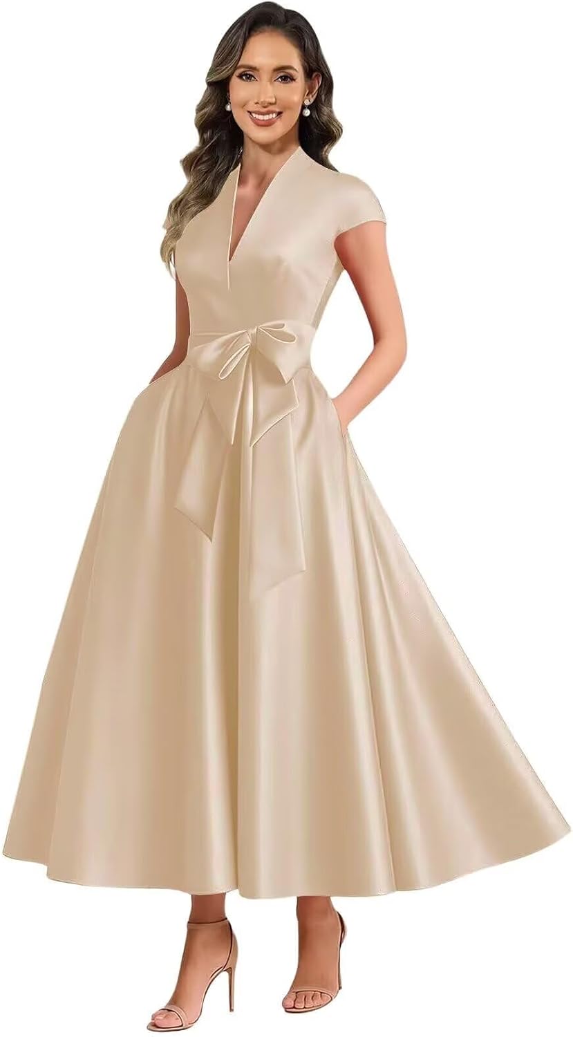 Champagne satin mother of the bride dress main color view