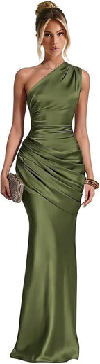 Olive Green one shoulder satin mermaid dress main color view