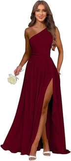 Burgundy one shoulder chiffon formal dress main color view