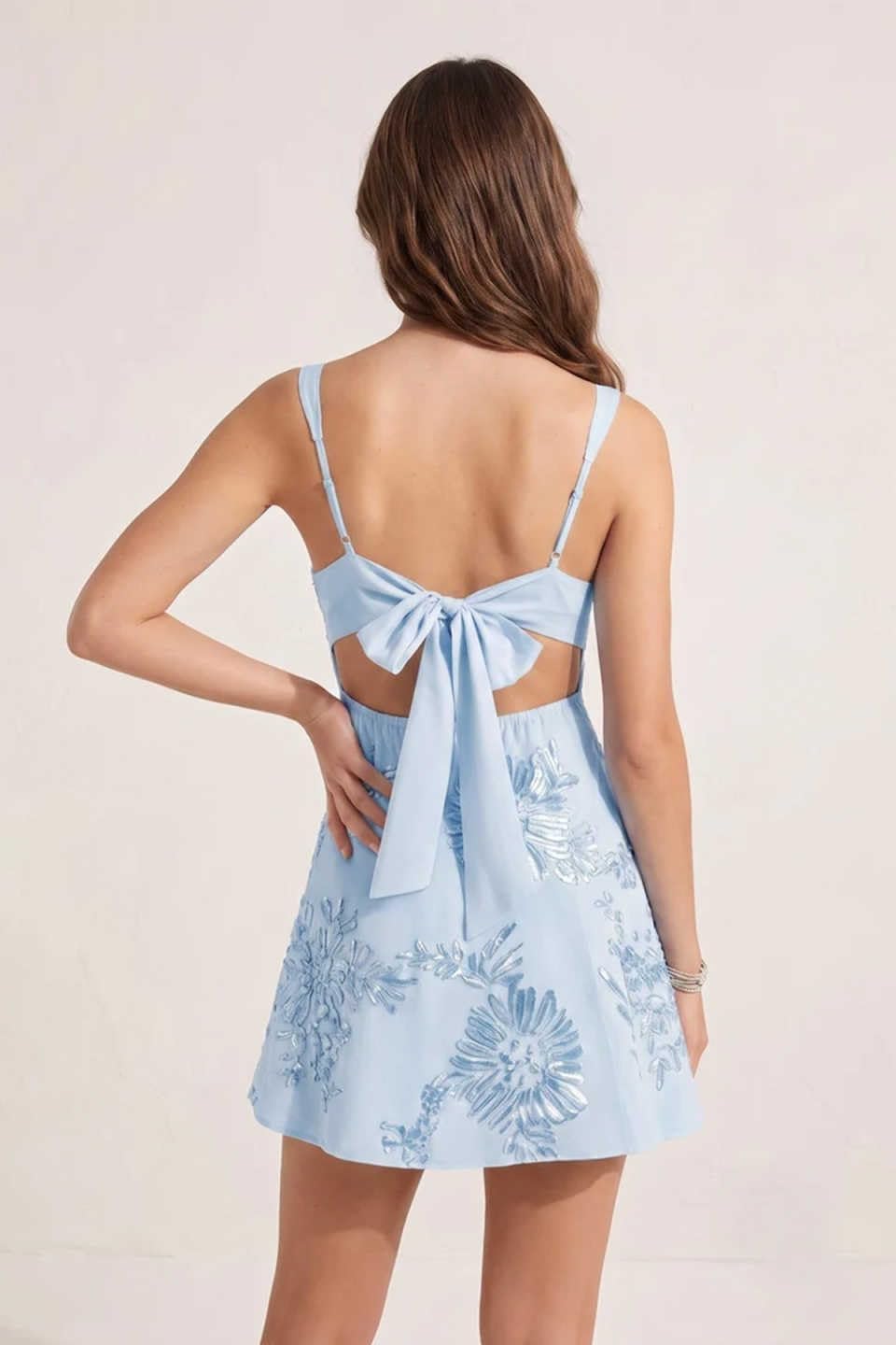 Light Blue floral lace corset mini dress back view bow tie