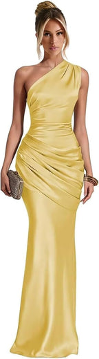 Yellow one shoulder satin mermaid dress main color view