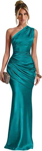 Turquoise one shoulder satin mermaid dress main color view